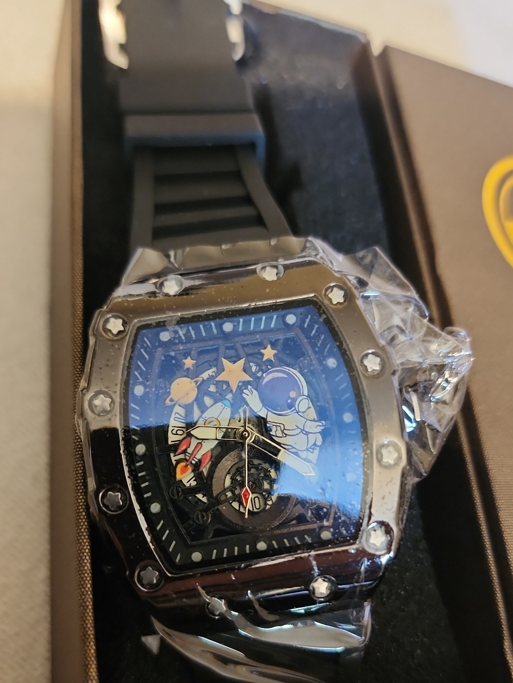 Space Themed AJ Stainless Steel Watch with Black Strap